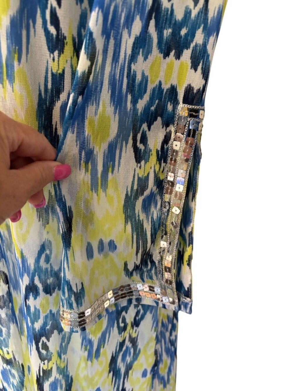 INC Iemon and blue ikat print maxi cover-up dress featuring silver sequin Small - Picture 3 of 11